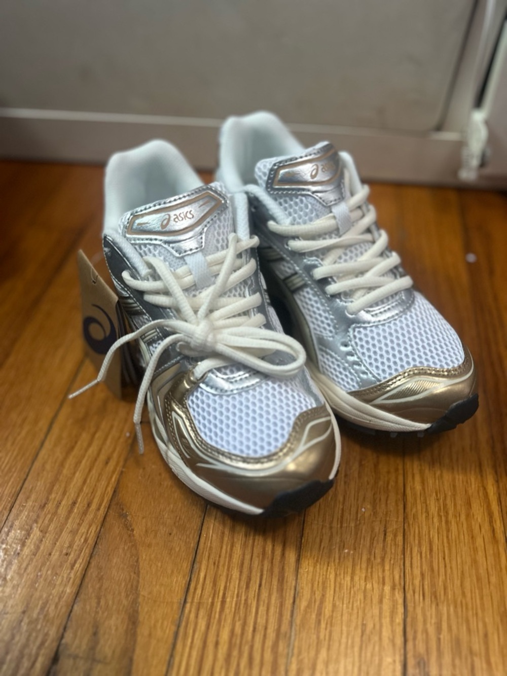 Asics White and Metallic Gold Running Shoes